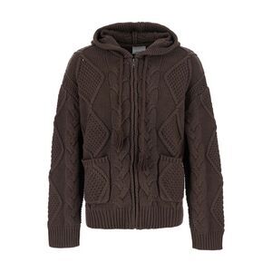 Found Men Brown Hooded Cardigan With All-Over Embroidery In Wool For Men